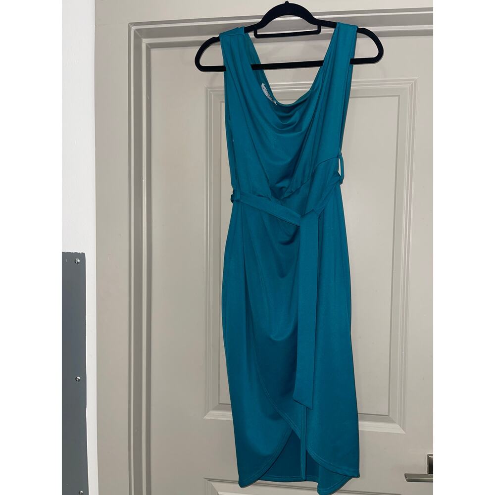 Kate Kasin Asymmetric Wrap Hem Belted Cocktail Midi Dress Sleeveless Size M